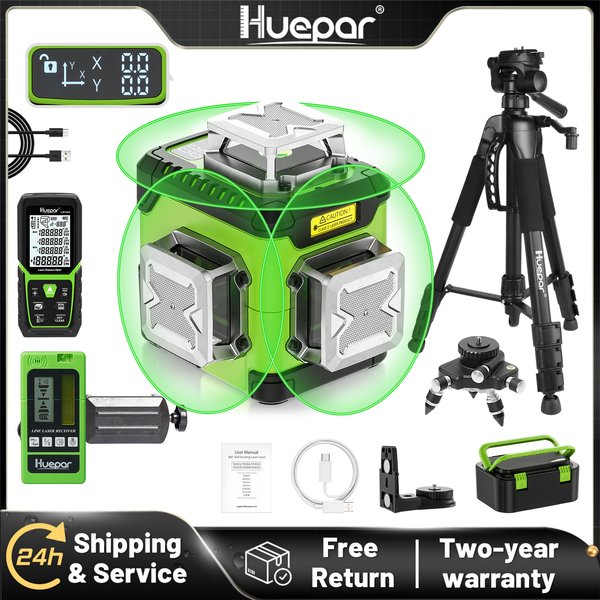 Huepar Y03CG 3D-Kreuzlinienlaser in Grün mit LCD-Display, 12 Linien Horizontal und Vertikal, Selbstnivellierender Laser mit Koffer