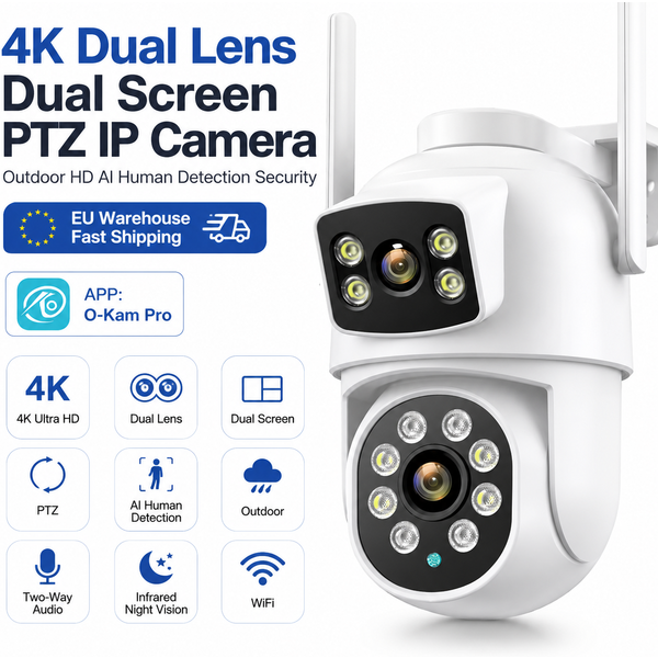 8MP 4K Dual-Objektiv Dual-Bildschirm PTZ IP-Kamera Outdoor WLAN-Sicherheitskamera KI-Menschenerkennung ONVIF RTSP NVR-Unterstützung O-Kam Pro