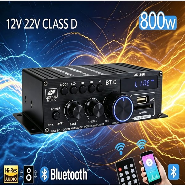 AK380-Amplificateur Bluetooth 800W, Audio HiFi, Karaoké, Home Cinéma, 2 Canaux, Classe de Puissance D, USB, SD, AUX, Tout Neuf