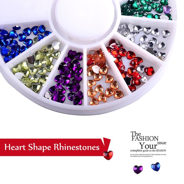 1 boîte de décoration pour ongles en acrylique en forme de cœur, roue à paillettes, Design 3D, strass, bijoux à breloques, outils pour ongles
