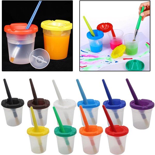 10 Pieces Childrens Paint Cups with Lids, Paint Cups Set, Paint Cups and Brushes, anti Paint Cups for Toddlers