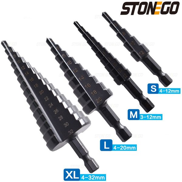 STONEGO Stufenbohrer mit gerader Nut, Nitridbeschichtet, HSS-Sechskantschaft, Kegelbohrer zum Schneiden von Löchern auf Holz, Kunststoff, PVC-Platte