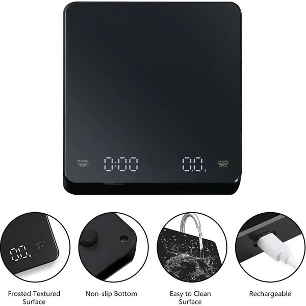 Waga kuchenna cyfrowa LED z timerem, zasilana przez USB, do espresso i kawy, maksymalna waga 3KG, precyzja pomiaru 0,1g, jednostki: oz/g/ml