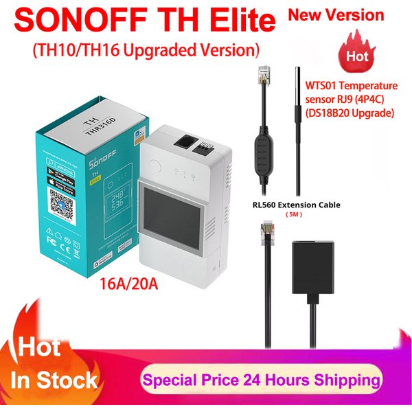 Interrupteur intelligent Wifi Sonoff TH Elite 16A 20A pour la température et l'humidité, capteur WTS01 THS01 RL560 via l'application EWelink, Alexa, Google Home