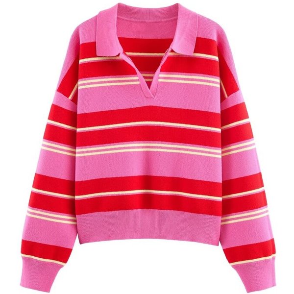 Damski sweter polo z dzianiny w różowo-czerwone paski, z kołnierzykiem, długim rękawem, luźny krój, na wiosnę i jesień, do noszenia na co dzień, 2026.