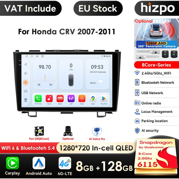 9-Zoll-Touch mit Bildschirm im Armaturenbrett 2 Din Android-Autoradio GPS für Honda CRV 2007–2011 Stereo WiFi 4G Bluetooth DSP-Lenkrad