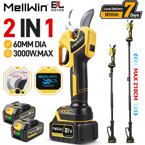 MELLWIN 60mm Elektrische Astschere 3000W Bürstenloser Gartenschneider mit 108-180cm Teleskopstange für Makita 18V Akku