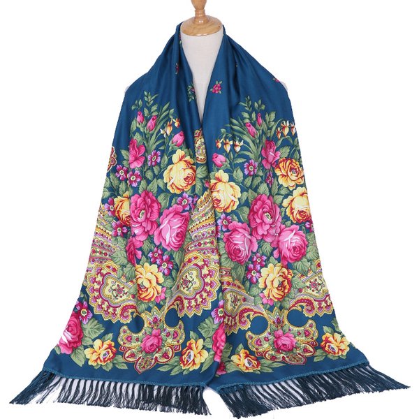Luxury Brand Scarf Women Flower Shawl Autumn and Winter Foulard Warmth Vintage Tassel Hijab Warp Printed Headscarf Bandana