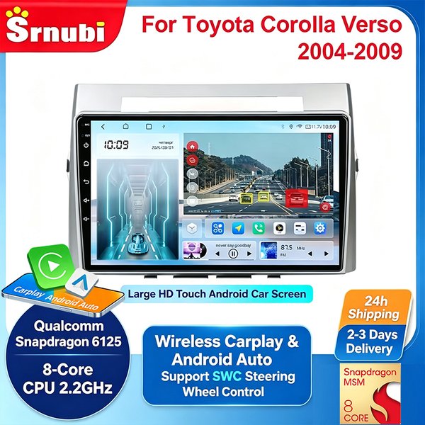 9-Zoll-Autoradio mit GPS-Navigation, Multimedia-Video-Player für Toyota Corolla Verso 2004-2009, kabelloses Carplay, Android Auto, HiFi-Stereo, Plug-and-Play-Hauptgerät, Bluetooth-Audiosteuerung