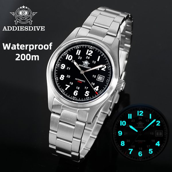 ADDIESDIVE 39mm Herren-Mechanikuhr 200m Wasserdichtigkeit Saphirglas BGW9 Super-Leuchtfunktion Vintage-Business-Stil Datumsanzeige Edelstahlkonstruktion