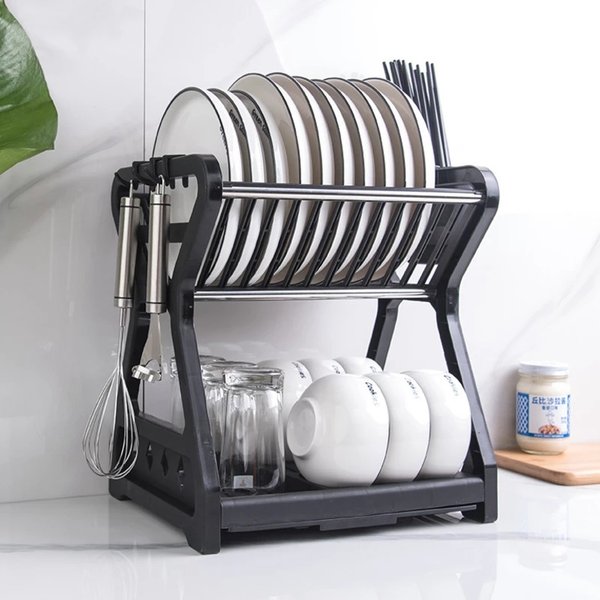 Dish Drainer Dish Drying Rack Kitchen Storage Double Layer Dish Drainer Shelf Knife Fork Container Holder Cutting Board Stand