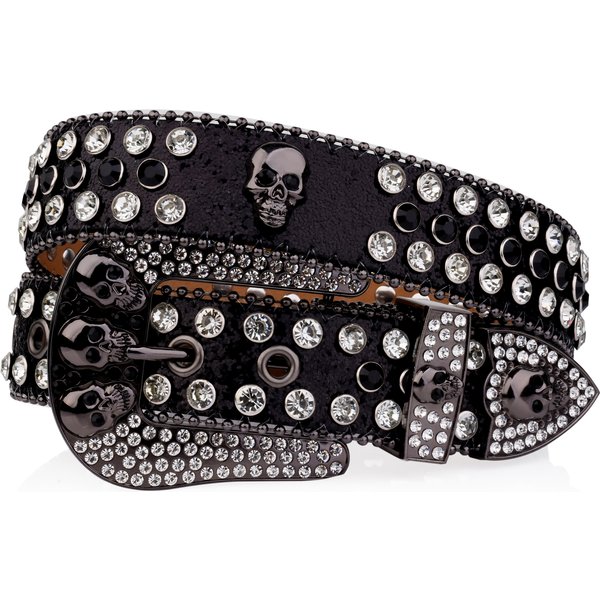 Schädel Niet Schnalle Gürtel blau schwarz Glitzer Pu Gürtel Strass Dekor Hip Hop Jeans Hosen Gürtel Punk Cowboy Cowgirl Gürtel für Frauen