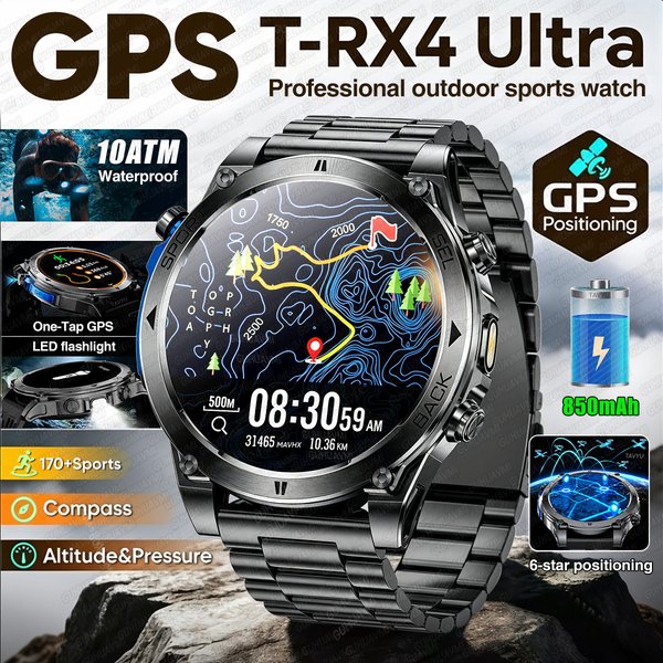 2026 Nowy Smartwatch T-RX4 Ultra GPS dla Mężczyzn, 6-gwiazdkowe pozycjonowanie GPS, wodoodporność 10ATM, bateria 850mAh, kompas, 170+ trybów sportowych