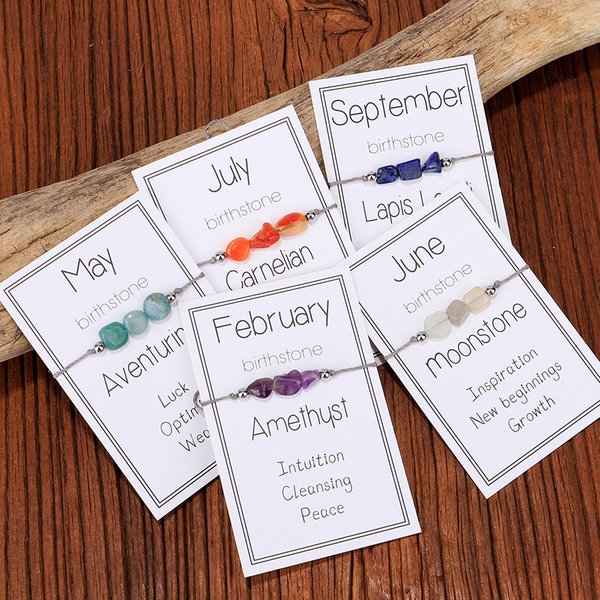 Irregular Natural Stone Bracelet Months Card For Women Crystal Birthstone Beads Handmade Rope Charm Bracelets Birthday Jewelry