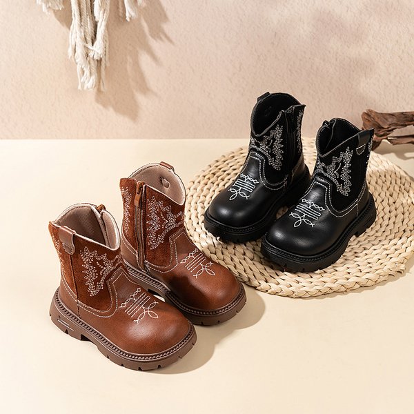 Children Vintage Boots Embroidered Non-Slip Waterproof Short Boots for Kids Boys Girls Autumn Fashion Student Cowboy Boots