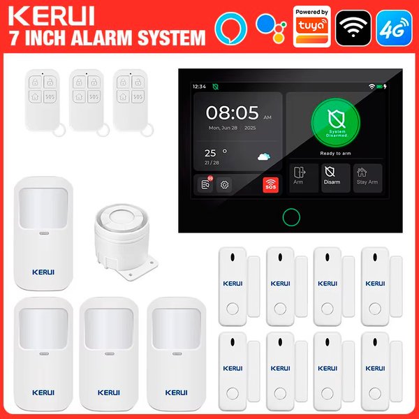 Système d'alarme domestique KERUI avec écran tactile de 7 pouces, WiFi+4G, compatible avec Tuya Smart, protection de sécurité FSK/ASK, capteur PIR 433 MHz
