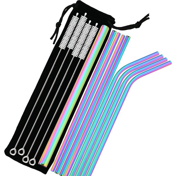 Ensemble de pailles réutilisables en métal, en acier inoxydable 304, droites et courbées, avec étui, ensemble de brosses de nettoyage, accessoires de Bar et de fête