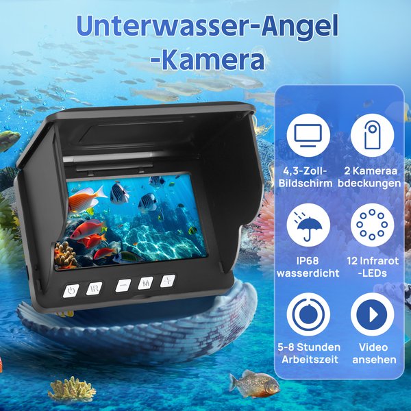 Tragbare Unterwasser-HD/UHD-Kamera, Angelkamera, Nachtsicht, Fischfinder, IPS-LCD-Display, Lange Akkulaufzeit, Tag- und Nachtnutzung