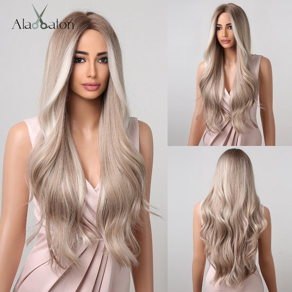 ALAN EATON – perruque synthétique Blonde platine avec reflets blancs, racines foncées, perruque de Cosplay longue et ondulée pour femmes, résistante à la chaleur