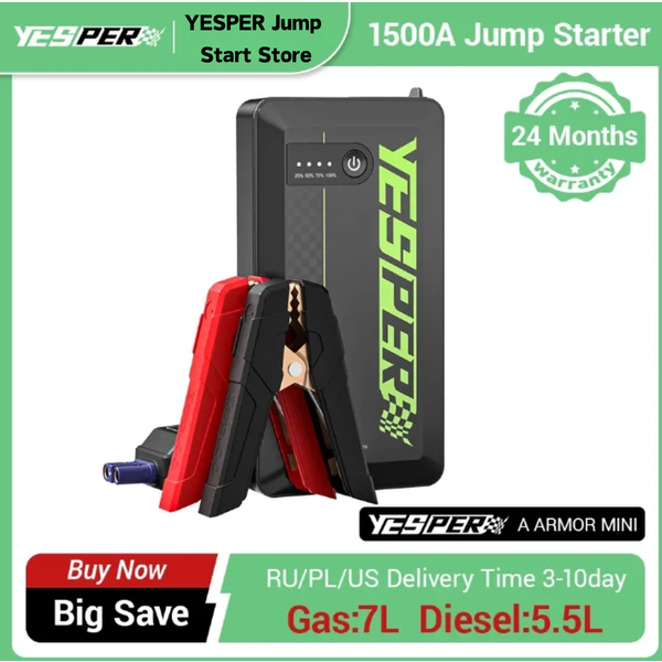 YESPER 1500A Peak Jump Starter, tragbar, 12V Auto-Booster-Pack für 7L Benzin-/5,5L Dieselmotoren, intelligente Starthilfekabel.
