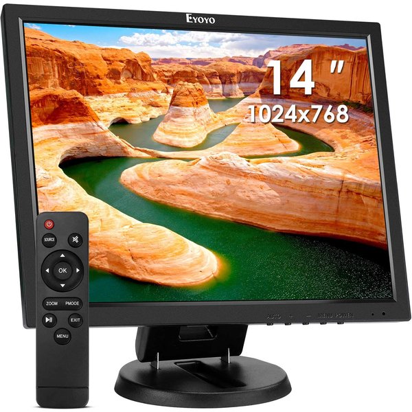 Eyoyo 14 Zoll LCD-HDMI-Monitor, 1024 x 768, kleiner VGA-Desktop-Monitor für Überwachungskameras mit HDMI-, VGA-, AV- und BNC-Eingang, integrierten Lautsprechern, Unterstützung für Fernbedienung,