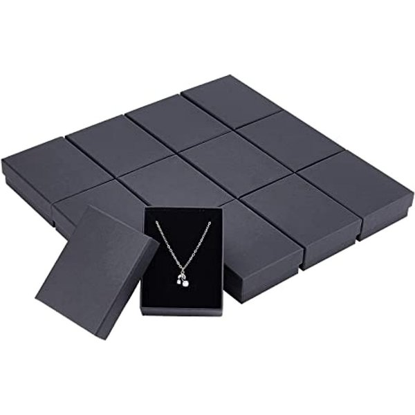 12 Pcs Black Rectangle Jewelry Box, 3.5x2.8x1.2 Cardboard Jewelry Boxes with Sponge Inside Kraft Paper Boxes Diy