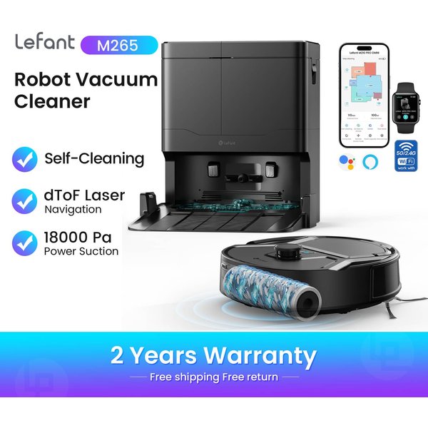 Lefant M265 Robot Vacuum Cleaner with Mapping, 18000Pa, Self-Cleaning Roller, Clean Water Wash, Laser dToF, Avoid PSD, Anti-Tangle, Compact, WiFi 2.4G/5G/Alexa/APP