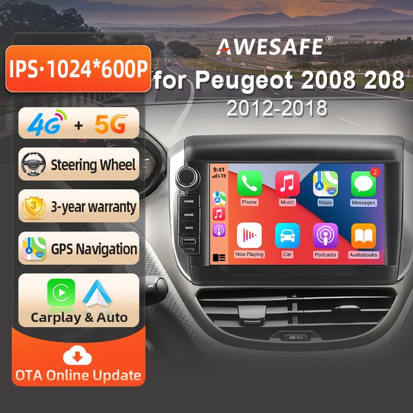 AWESAFE Kabelloses CarPlay Autoradio für Peugeot 2008 208 2012 2013 2014 2015 2016 2017 2018 mit Android Auto GPS-Navigation Smart-System RDS DSP FM