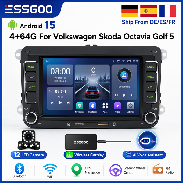 ESSGOO Android 15 Kabelloses CarPlay 4G 64G Für Volkswagen Passat b6 b7 Golf 5 6 Polo Jetta Skoda Autoradio Multimedia-Player GPS WiFi RDS Carplay