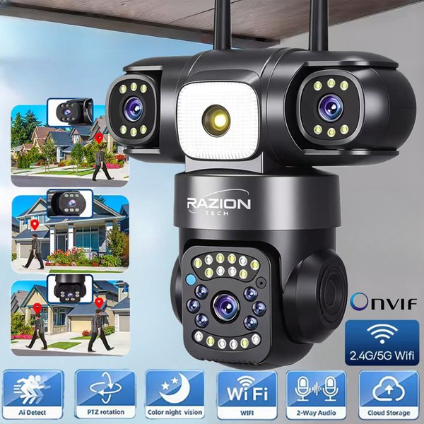 15MP Outdoor WLAN-Kamera 8K HD Dreifach-Objektiv Sicherheitskamera 5G&2.4G WLAN PTZ IP-Kamera 10X Digitalzoom Farbnachtsicht Zwei-Wege-Audio KI-gestützte automatische Personenerkennung und Verfolgung