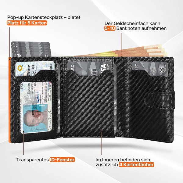 Pop-Up-Geldbörse mit Münzfach, RFID-Schutz und Kreditkartenfach für Herren
