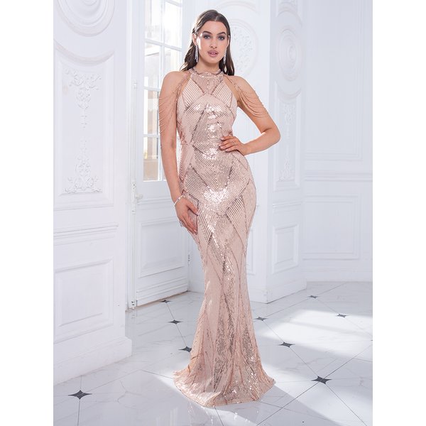 Off Shoulder Beading Stretch Sequin Party Dress Full Lining O Neck Prom Evening Night Dress Gold