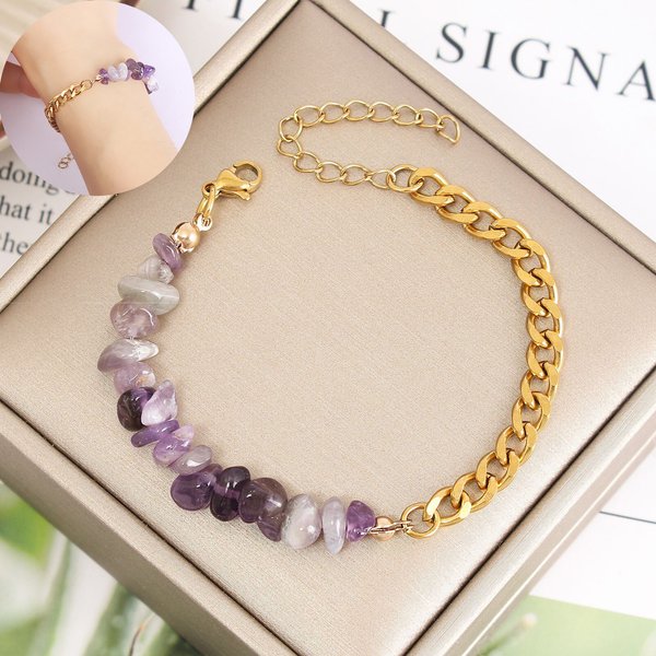 Bracelet chaîne AB épissé en pierre naturelle et métal, pierre naturelle, cristal, acier inoxydable, perles, chaîne, bijoux