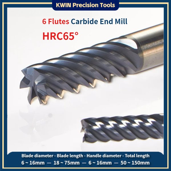 HRC65 ° 6-flöteniger Hartmetall-Schaftfräser, 6 Zähne, Wolframstahl, verlängerter Flachfräser, CNC-Finishing-Bearbeitung für Edelstahl