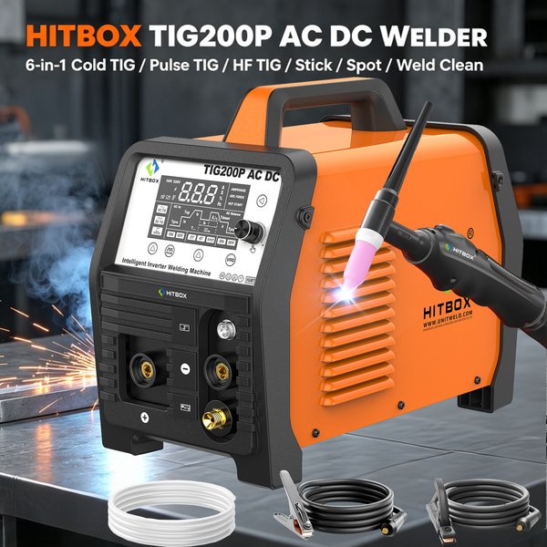 HITBOX TIG200P AC/DC TIG-Schweißgerät 6 in 1 Kalt-TIG Puls-TIG HF-TIG Elektrodenschweißen Punktschweißen Sauberes Aluminiumschweißen Großes LED-Display Tragbares Schweißgerät