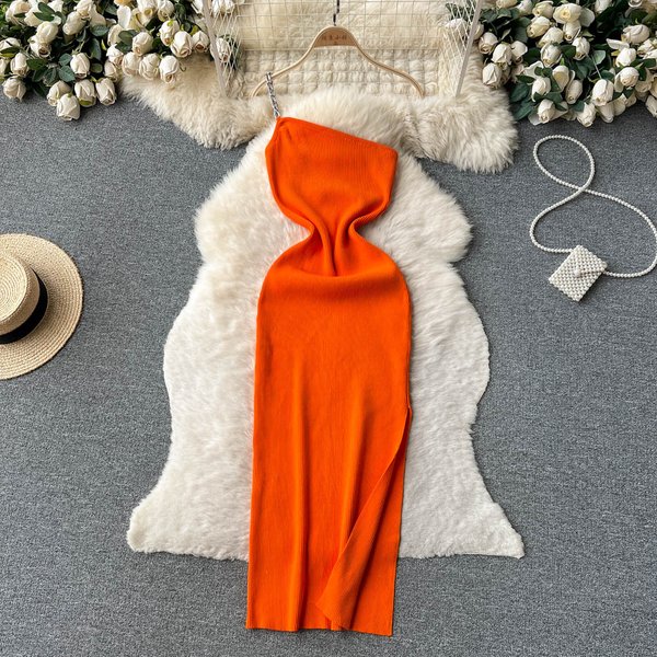 YuooMuoo Autumn Chains One-Shoulder Knitted Dress Sexy High Split Wrap Hips Bodycon Party Dress Lady Long Aesthetic Vestidos