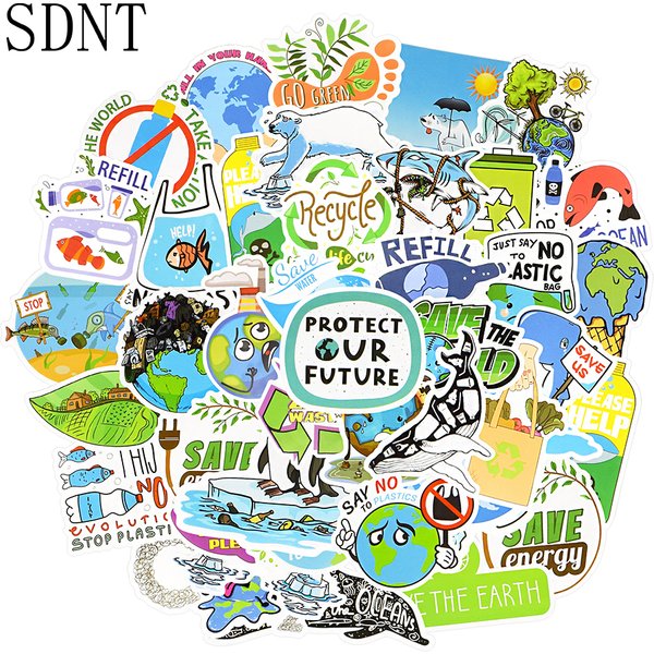 50 pièces environnement vert autocollants cadeau protéger la terre publicité dessin animé autocollants imperméables pour enfant bricolage vélo ordinateur portable voiture décalcomanie