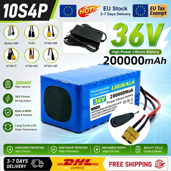 36V 10S4P 200000mAh wiederaufladbarer Lithium-Akku, Hochleistungsakku mit mehreren Anschlüssen XT60 + Gleichstrom-Stecker für Elektrofahrräder, wird mit einem speziellen Ladegerät geliefert