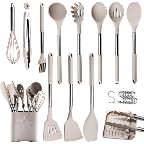 Ensemble d'ustensiles de cuisine antiadhésifs en silicone F2, ustensiles de cuisine, spatule, batteurs à œufs, pelle, manche en acier inoxydable, ensemble d'outils de cuisine