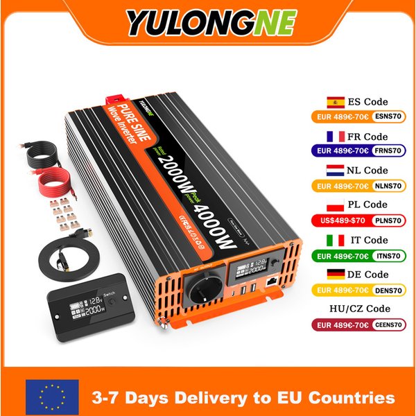 YULONGNE 2000W Reiner Sinus-Wechselrichter, 4000W Spitzenleistung, DC 12V/24V zu AC 230V, EU-Schuko-Steckdose mit USB-Typ-C-Anschluss, kabelgebundene LCD-Fernbedienung, Batteriekabel, Sicherungssatz,