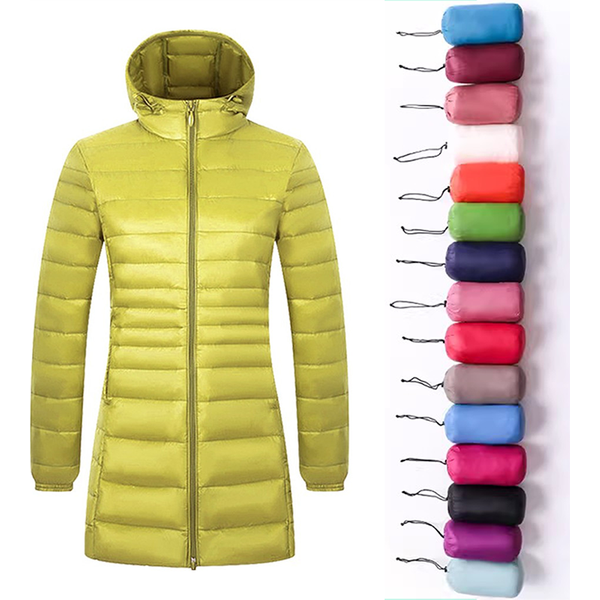 Langer warmer Daunenmantel für Damen mit tragbarer Aufbewahrungstasche, leichte Daunenjacke für Damen, Damenmäntel, hüftlang, High Street