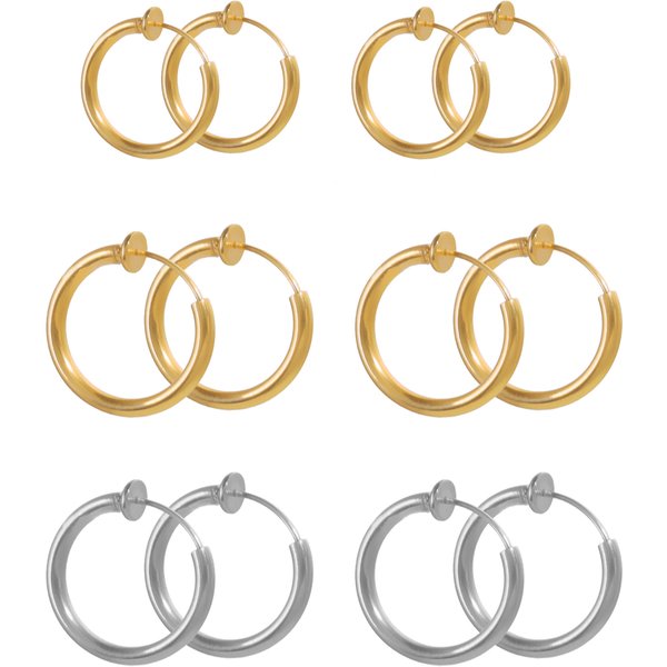6pcs Retractable Clip On Hoop Earrings Stainless Steel Non Piercing Earrings Fake Septum Piercing Faux Nose Rings Hoop