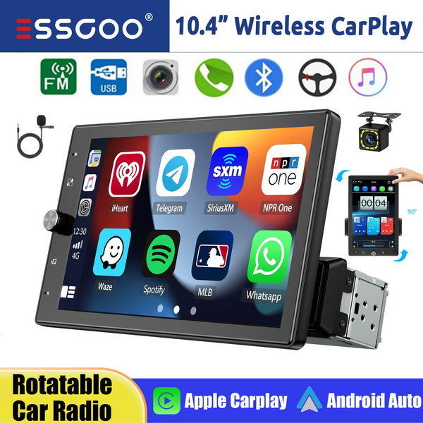 ESSGOO 10.4" Universal Rotatable IPS Touchscreen Stereo Radio Wireless Carplay Android Auto Single 1 DIN USB FM Bluetooth AUX TF