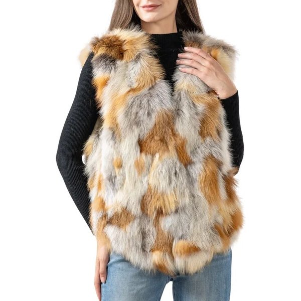 Gilet en fourrure de renard naturelle pour femme, vêtement d'extérieur d'hiver, sans manches, en petits morceaux de fourrure colorée 241153