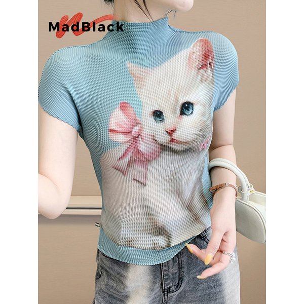 MadBlack – europäisches Damen-T-Shirt, sexy Stehkragen, Katze bedruckt, Streetwear, kurzärmelig, schmales S-3XL-Strick-T-Shirt, Sommer 2025, T55013CC