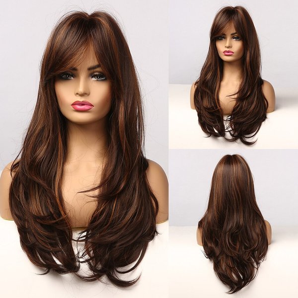 Perruques de cheveux synthétiques longs bruns avec frange pour femme, surbrillance blonde, perruque naturelle ondulée, perruque de cosplay, degré de chaleur