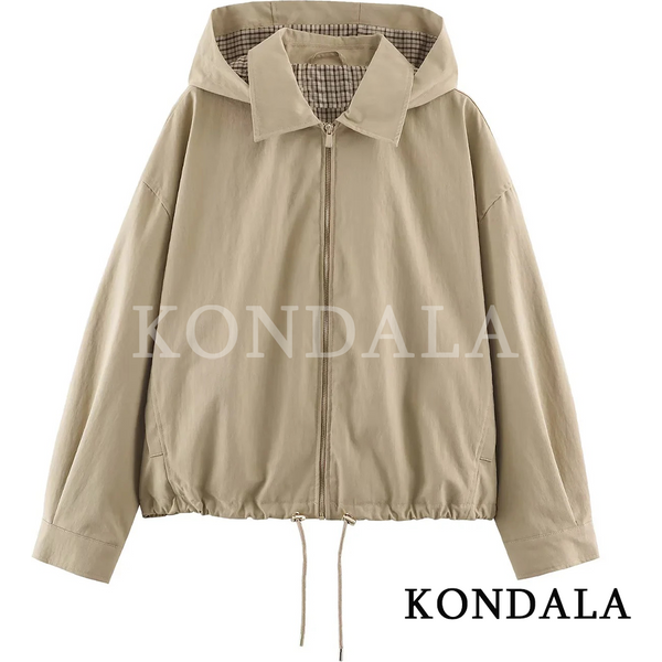 KONDALA Veste décontractée à capuche pour femme, avec cordon de serrage à l'ourlet, fermeture éclair, coupe ample, collection automne 2026, tendance, élégante, pour le quotidien