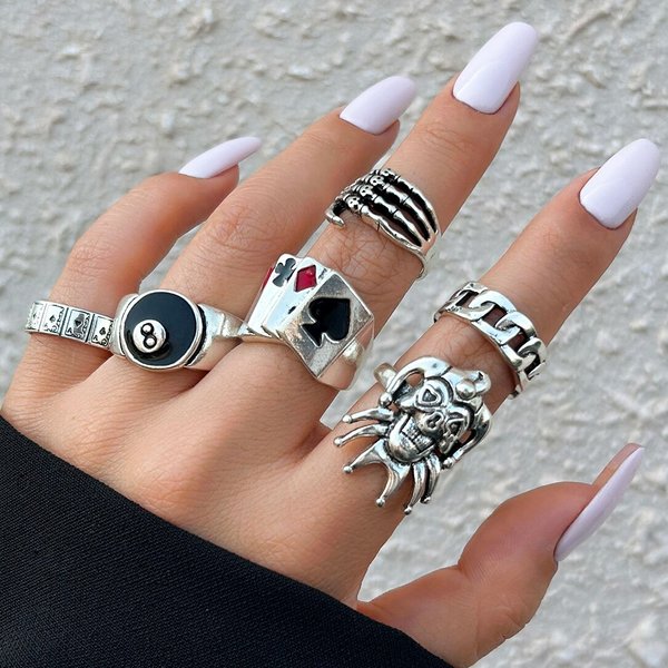 Hip Hop Vintage crâne fantôme griffe Poker Clown anneau ensemble pour femmes creux géométrique taille 8 bijoux Steampunk hommes