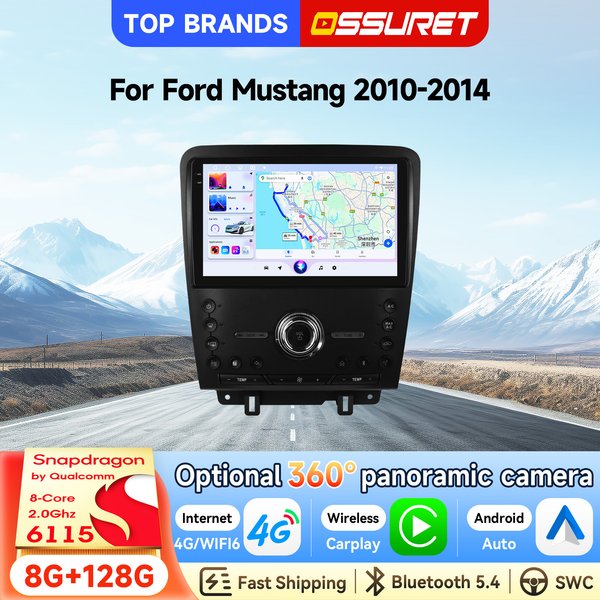 OSSURET Bestseller 2 Din 10,1 Zoll Android 14 Optional 360 ° Kamera-GPS-Navigation Autoradio für Ford Mustang 2010-2014, Snapdragon 6115, kabelloses CarPlay, Android Auto, SWC, 8-Kern, RDS, DSP,