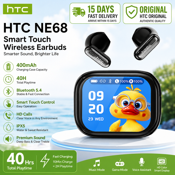 Écouteurs sans fil TWS HTC NE68 d'origine, Bluetooth 6.0, écouteurs avec traducteur IA, écran tactile couleur, réduction de bruit ENC, stéréo HiFi, basses profondes, faible latence, casque de jeu, 40h